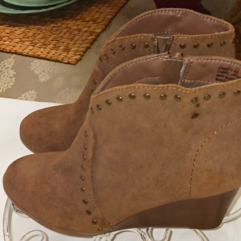 No Parking Brown Suede Studded Wedge heels.